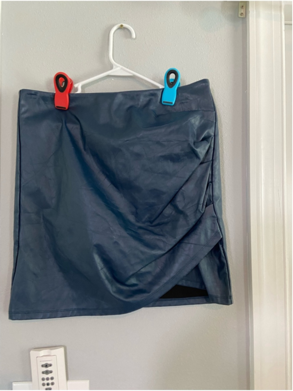 Navy Faux Leather Draped Mini Skirt